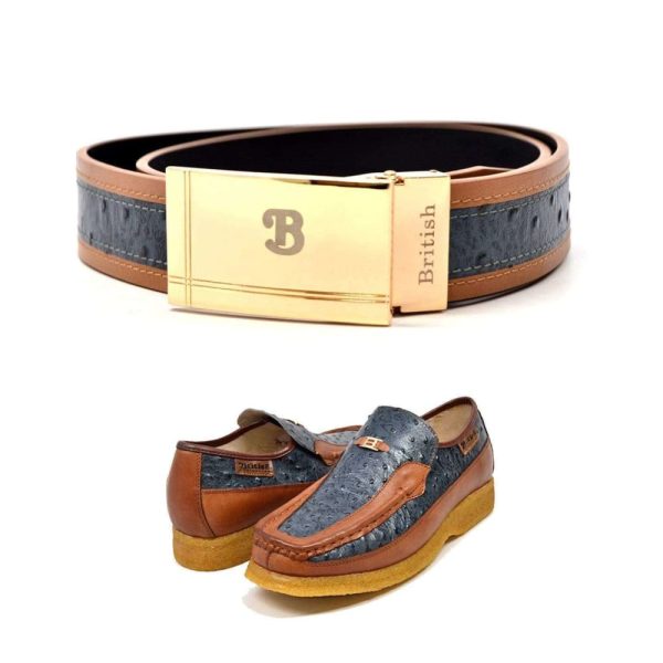 British Walkers Matching Belt Only Cognac and Blue Ostrich Leather Sale