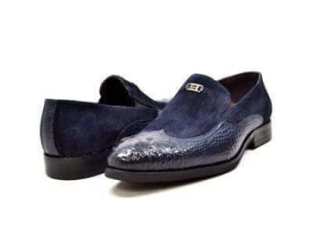 British Walkers Shiraz Men s Navy Blue Crocodile Leather and Suede Loafers For Discount