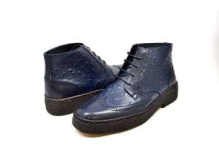 British Walkers Playboy Wingtips Men s Navy Blue Ostrich Leather High Top Boots For Sale